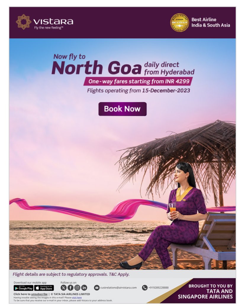 CreditCruze's tweet photo. #NewFlightAlert
Vistara announced new daily flight from Hyderabad to North Goa.
Flights operating from 15th Dec’23
#Vistara @vistara https://t.co/A8pRNQ0g1I