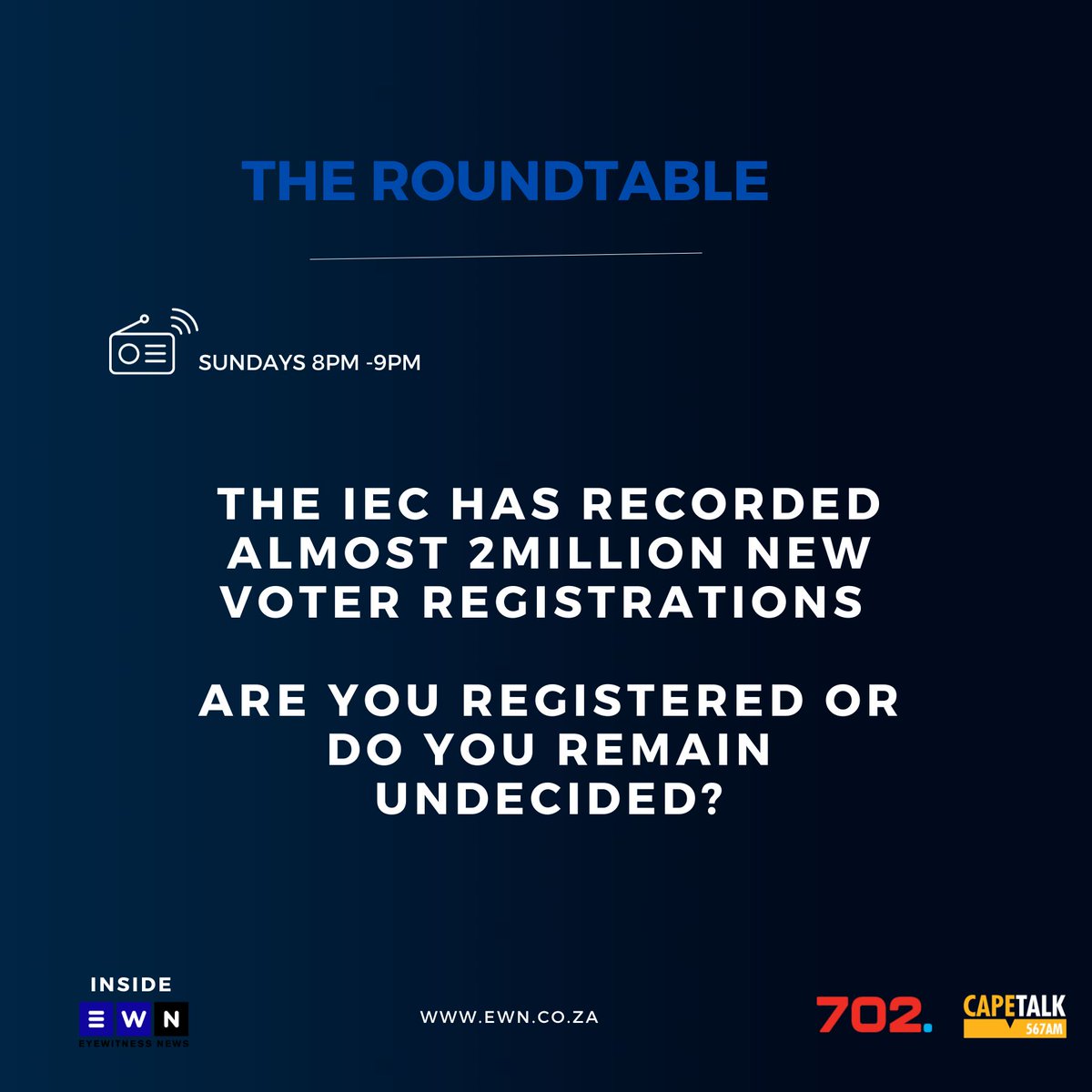 ewnupdates's tweet photo. The Round Table: Have your say this Sunday.
Stay tuned to @Radio702 and @CapeTalk 📻 from 8pm to 9pm.
#InsideEWN #SAElections24 https://t.co/cf3VKOUJKV