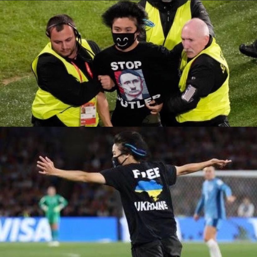 Earlier this year, the same protestor, ran at the FIFA Women’s World Cup final match, wearing a tshirt against Russia’s war on Ukraine 🇺🇦 More by @thenewsminute here thenewsminute.com/news/all-we-kn…