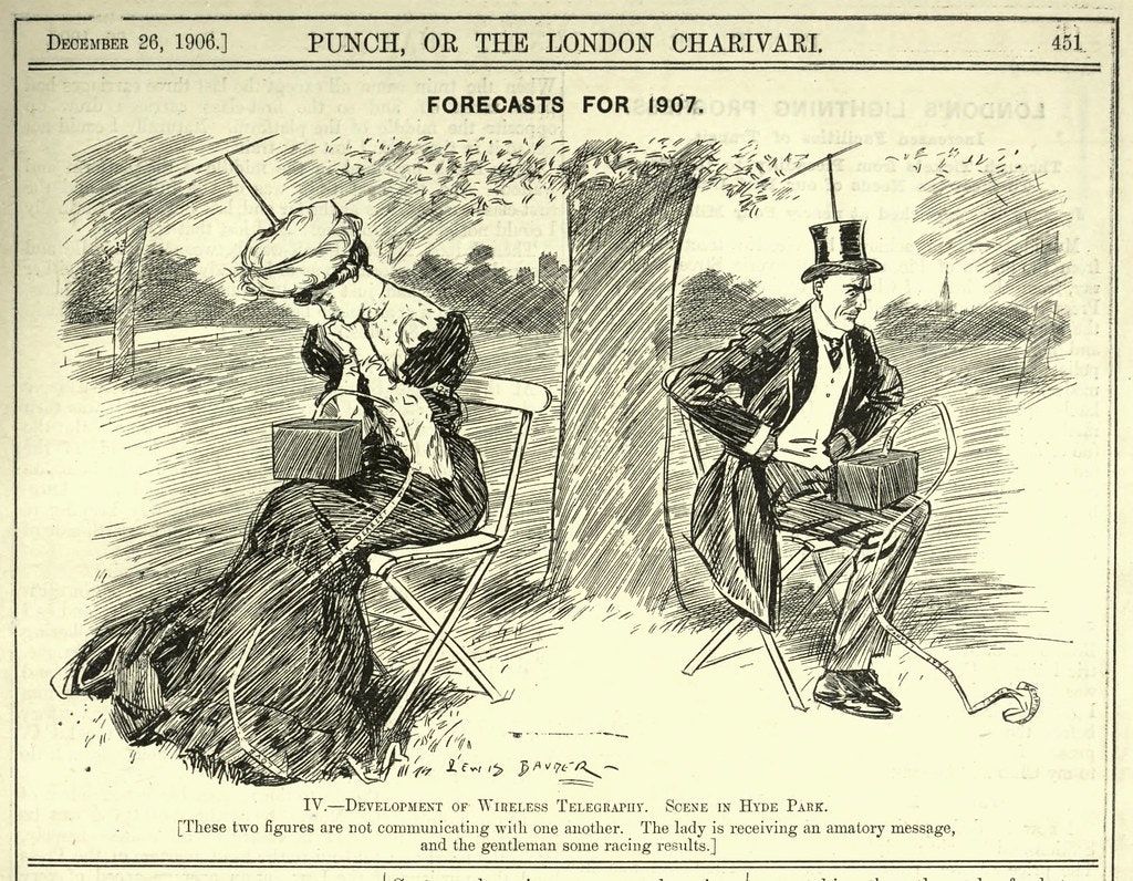 Replace these “wireless telegraphs” with smartphones, update the dress a little, and this vision of 'isolating technology' from a 1906 issue of Punch magazine could easily be from today: buff.ly/2V2YzaL