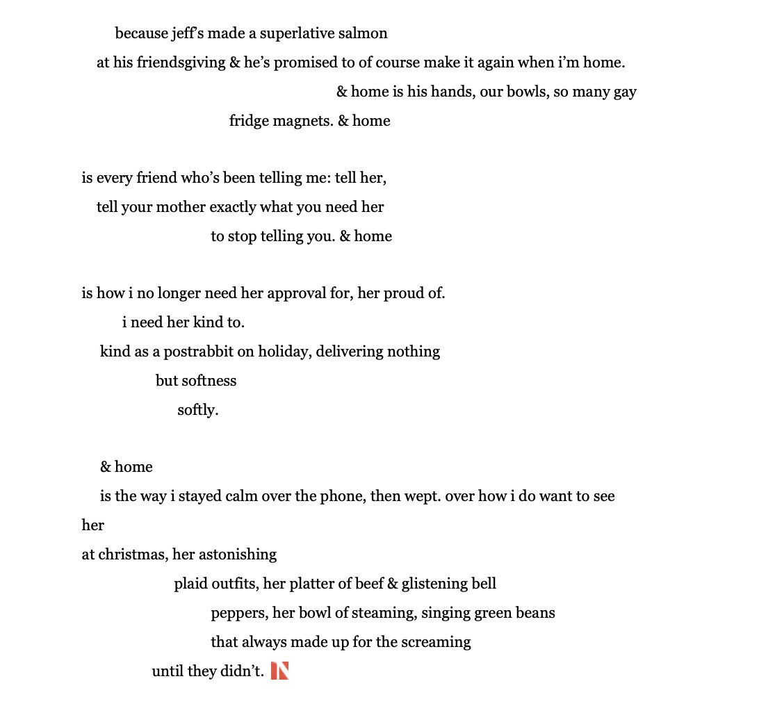 i have a new poem in @NarrativeMag. “i’m sorry, i’m sorry”—this one means a lot to me. i’ve been sharing it at pretty much every reading lately. it’s based on a conversation i had with my mother during last year’s holiday season 

narrativemagazine.com/issues/poems-w…