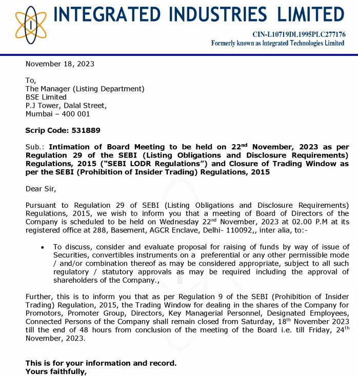 #IIL Integrated Industry Limited 
Fund raising Preferential Issue .
#MultibaggerStock