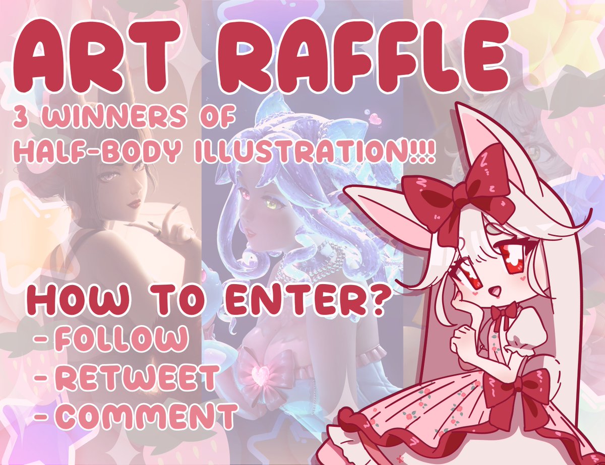 usagi_chin's tweet photo. '*•.¸♡𝘼𝙧𝙩 𝙍𝙖𝙛𝙛𝙡𝙚 ♡¸.•*'

╰┈➤Chance for 3 Bnuys to get  Half Body Illustration(No BGs)🩷

╰┈➤Was Birthday donathon goal thank  u sm!🥳

╰┈➤Need Follow Bnuy &amp; Retweet this post! Can also do commenting, is optional!😼

╰┈➤Results will be 31th December!🐰 https://t.co/tJC2DcoNiB