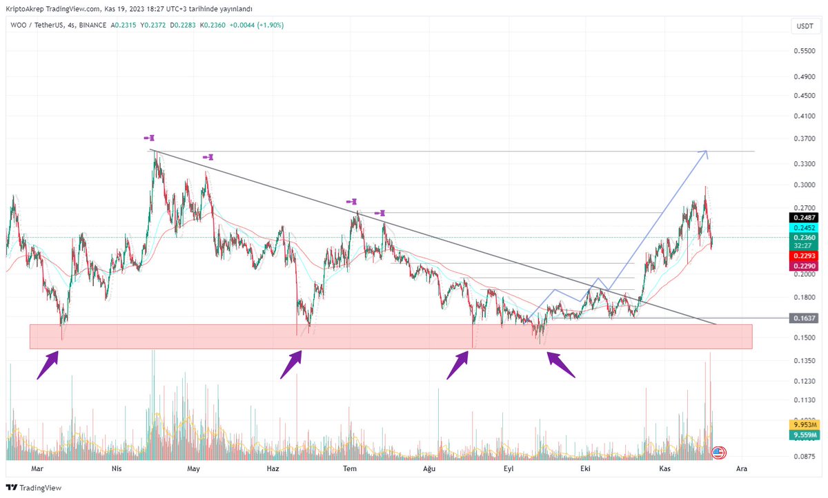 $woo 45 gün önce çizdiğim grafik.  Evet biraz zaman sapması oldu ama plana sadık kalmanın ödülü neredeyse 2x. #woo da asıl ekşın 0.35 geçildiğinde başlayacak..