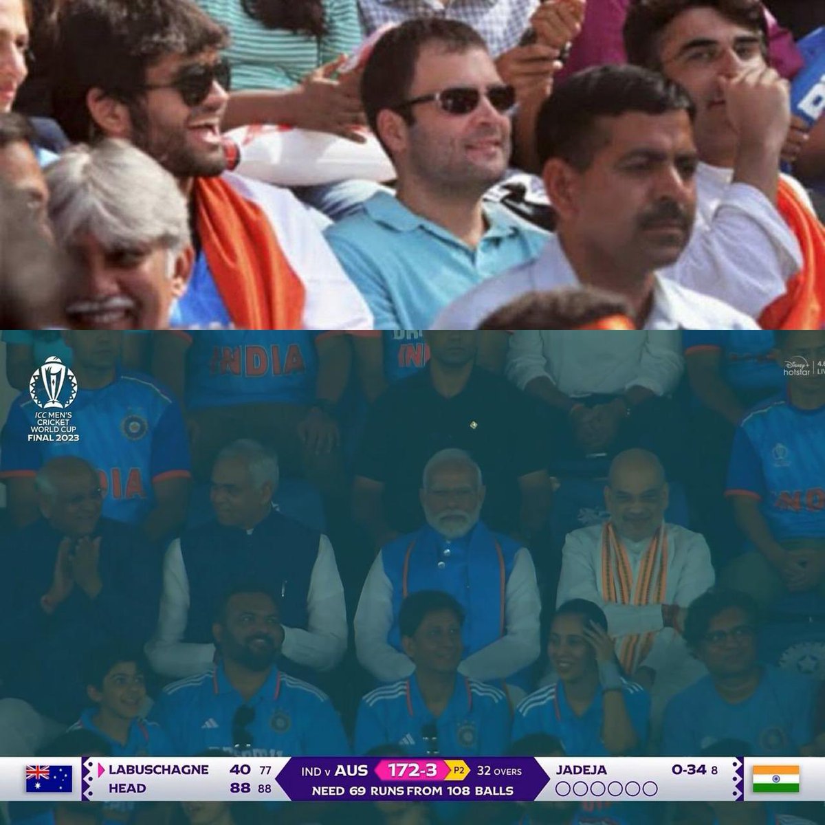 AishC40's tweet photo. RG watching 2011 final : India WON

Modi watching 2023 final : India lost

#Panauti #पनौती #INDvAUSFinal #CWC2023Final https://t.co/kwMImxm2xu