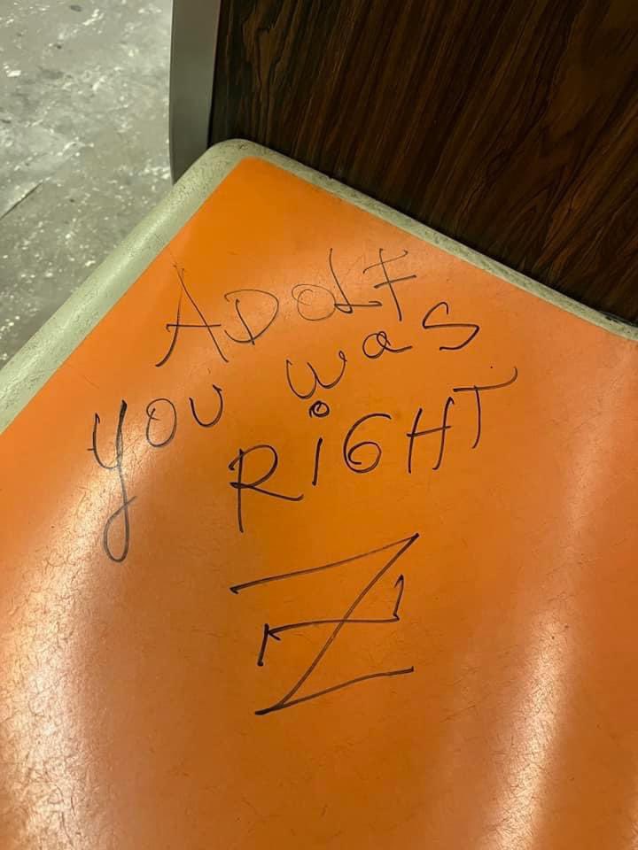 StopAntisemites's tweet photo. NYC - these atrocious antisemitic writings were spotted yesterday on the Q train @NYCTSubway 

The handwriting appears to be from a female with a Cyrillic language background such as Russian. https://t.co/9h22K0PsWz