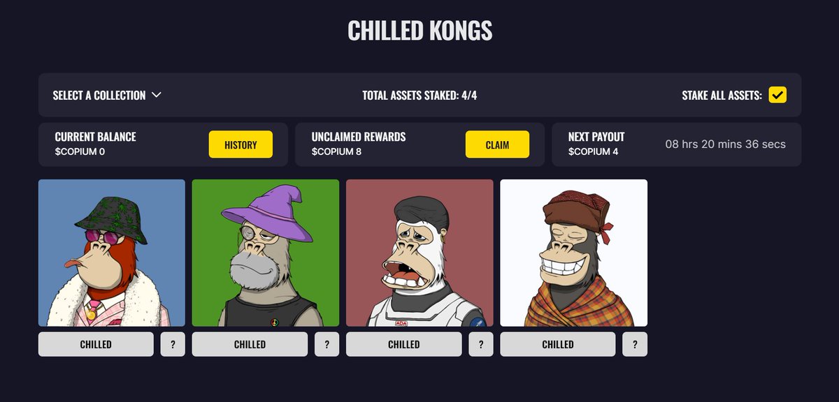 I hold >1,500 Cardano NFT's, so I feel I'm qualified to speak on this...  <a href="/ChilledKongs/">Chilled Kongs</a> has by far the best end user experience for staking #NFTs on Cardano IMO, it isn't even a comparison.  🤷‍♂️  I never thought I would say this in my life 🤣, congrats.