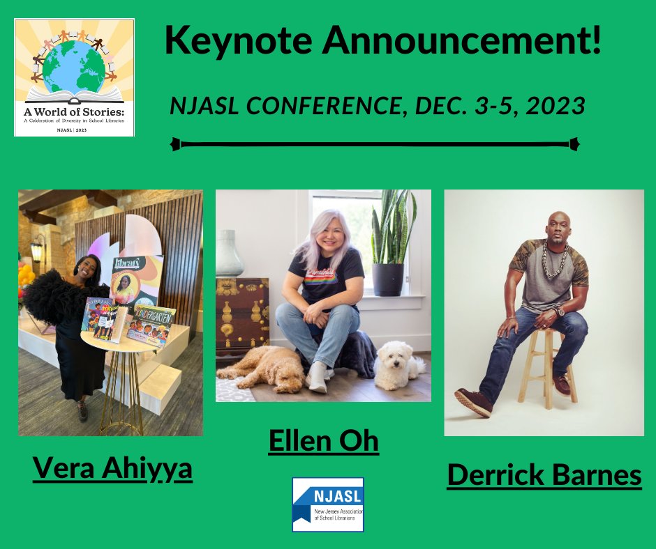 Have you SEEN the amazing keynote speakers coming to NJASL's 2023 Annual Conference?!? You don't want to miss Vera Ahiyya, @ElloEllenOh, and @dbarnesreads! Online registration is closed, but you can still register on site! Info at: njasl.org/FallConf