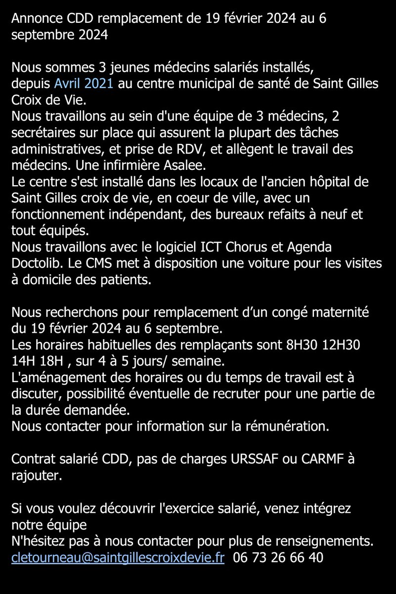 AdeleFraslin's tweet photo. Recherche remplaçant-e au centre municipal de santé de St-Gilles-Croix-de -Vie (85). J'ajouterais équipe top, cadre agréable, patientèle variée... https://t.co/MngDW7Bzgk