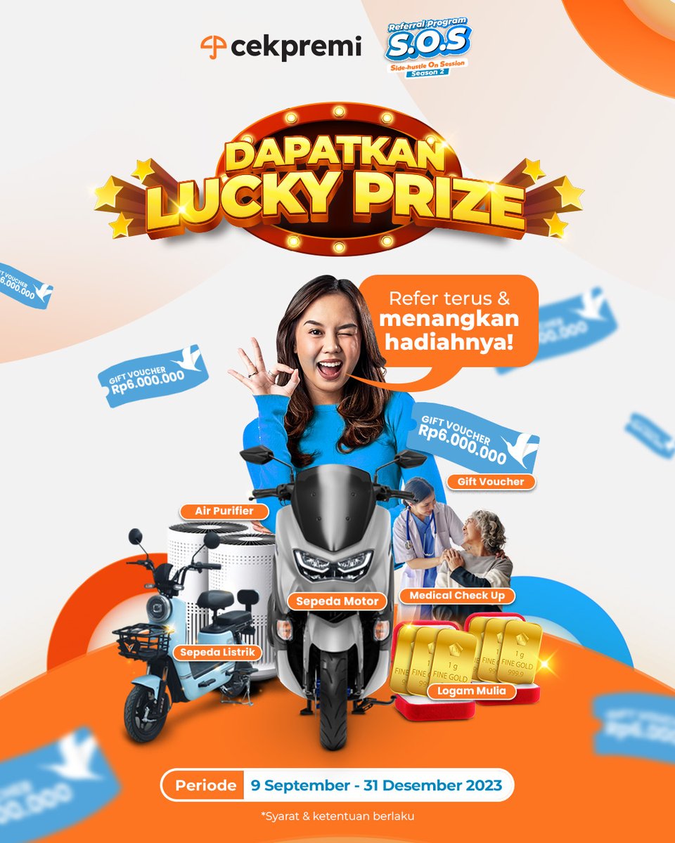 cekpremi's tweet photo. percuma menghasilkan uang kalau dibiarkan habis tanpa dikelola kembali.

kamu bisa ikutan Referral Program agar bisa menghasilkan uang dan bisa kelola hasilnya.

Gak cuman itu, kalau kumpulin Tiket Lucky Draw sebanyak-banyaknya, kamu punya kesempatan menangin Grand Prize loh 🤩😍 https://t.co/DkIePIDlmg