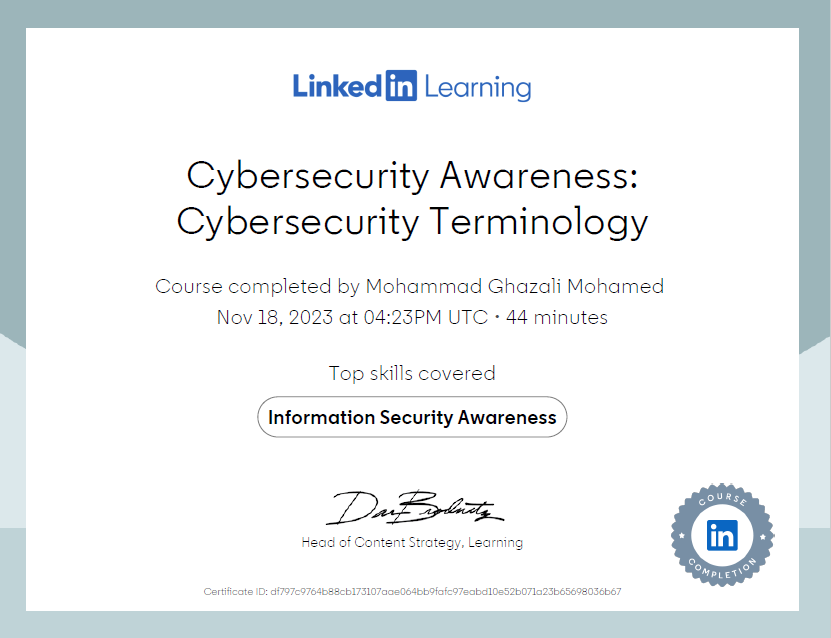 I would like to give my gratitude to @LaurenZinOH  for her teaching and guidance in this course.
#CyberSecurity #informationsecurityawareness