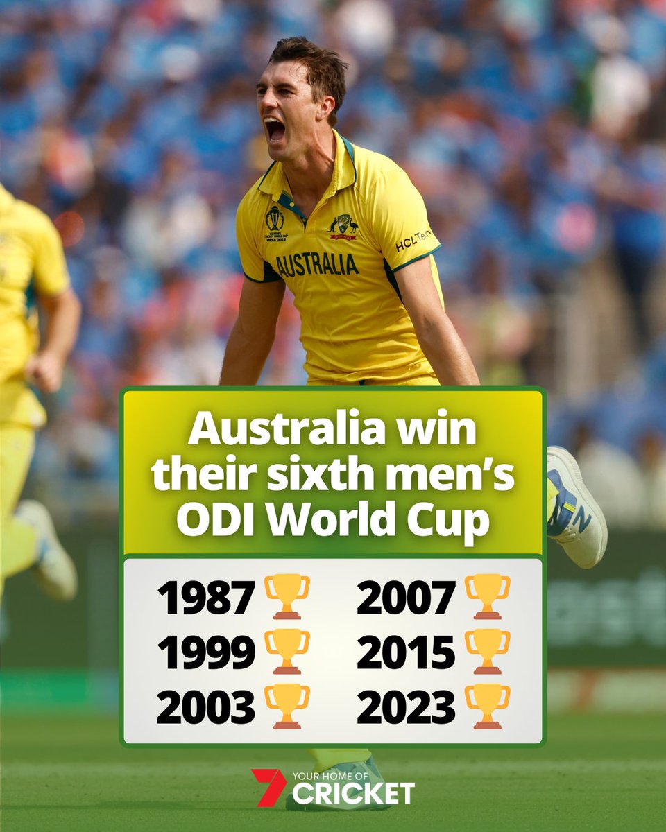 7Cricket's tweet photo. Australia win their sixth men's ODI World Cup by THUMPING India! https://t.co/XxHzif7dsD