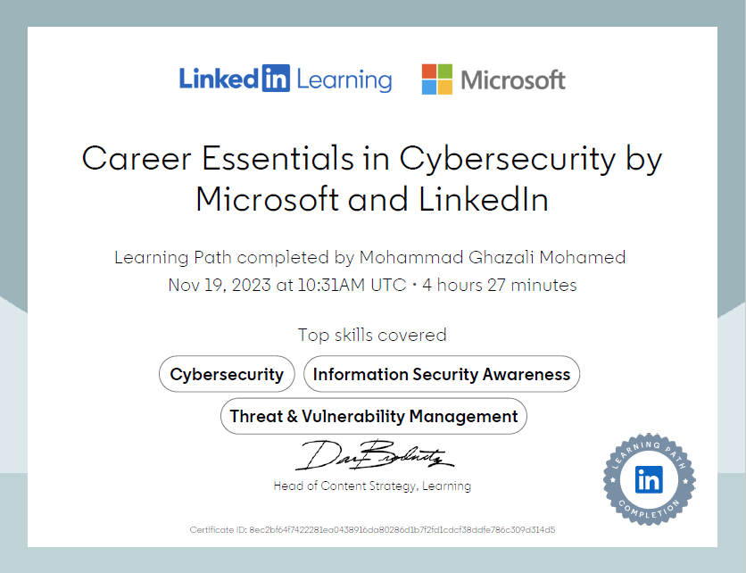 Finally received my Professional Certificate in Career Essentials in Cybersecurity by @Microsoft and @LinkedIn .
#CyberSecurity #informationsecurityawareness #threatvulnerabilitymanagement