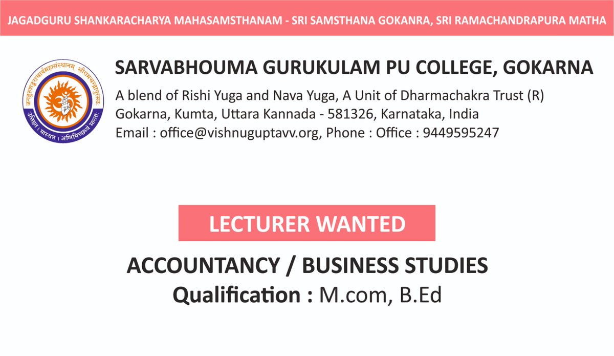 VishnuguptaVV's tweet image. Faculty needed..

Applications have been invited for the qualified faculty for Sarvabhouma Gurukulam of VVV. 
Good accommodation is provided with suitable remuneration. 

If interested, do contact the numbers/email ID given below.