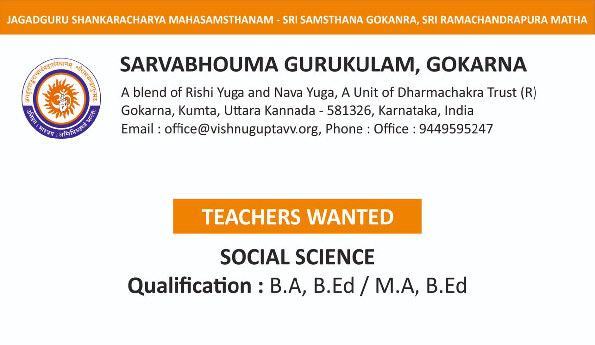 VishnuguptaVV's tweet image. Faculty needed..

Applications have been invited for the qualified faculty for Sarvabhouma Gurukulam of VVV. 
Good accommodation is provided with suitable remuneration. 

If interested, do contact the numbers/email ID given below.