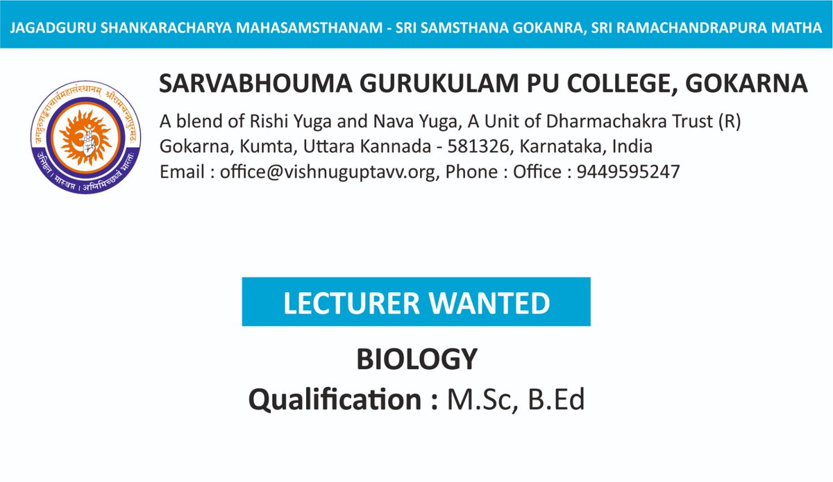 VishnuguptaVV's tweet image. Faculty needed..

Applications have been invited for the qualified faculty for Sarvabhouma Gurukulam of VVV. 
Good accommodation is provided with suitable remuneration. 

If interested, do contact the numbers/email ID given below.