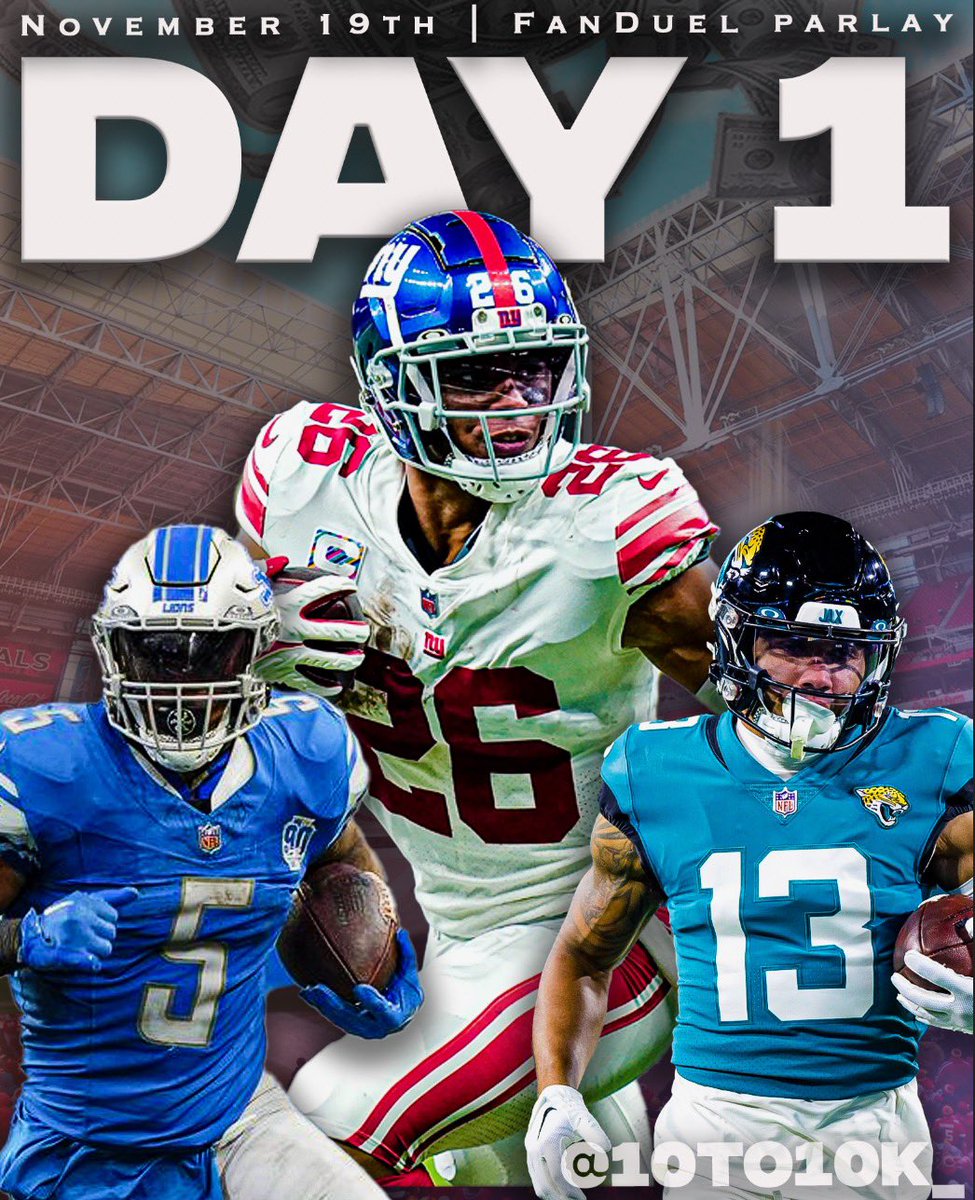 10to10k_'s tweet photo. 🪜 Day 1 NFL Ladder Challenge

1) Barkley (NYG) 40+ Rush Yards  
•Hit in 7/7 (100%) games this season

2) Kirk (JAX) 40+ Rec. Yards
•Hit in 8/9 (89%) games this season

3) Montgomery ( DET) 25+ Rush Yards 
•Hit in 5/6 (83%) games this season

LIKE+RT BELOW to show some love!❤️ https://t.co/ppvITierBe