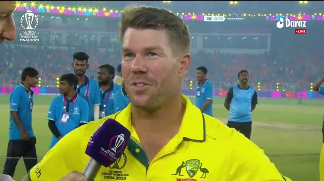 HassanAbbasian's tweet photo. Reporter: so who won the match for you?
Warner : Well it was Virat Kohli 
Reporter: But he Scored 54 in 63 Balls
Warner : That's why (big laugh)😂
#INDvsAUSFinal https://t.co/DbDX570X0t