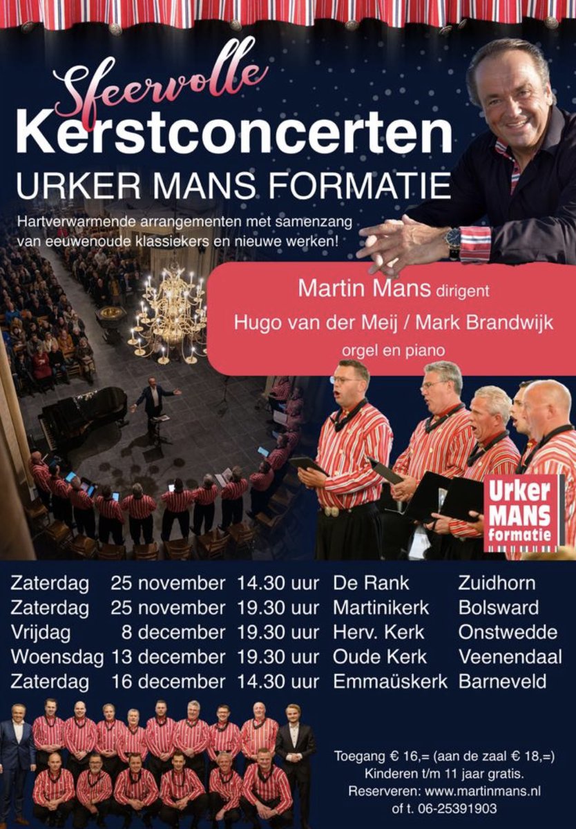 Aanstaande zaterdag de eerste concerten van de kersttournee 2023 van de Urker Mans Formatie in Zuidhorn en Bolsward! Reserveren kan via martinmans.nl. 
Van harte welkom!