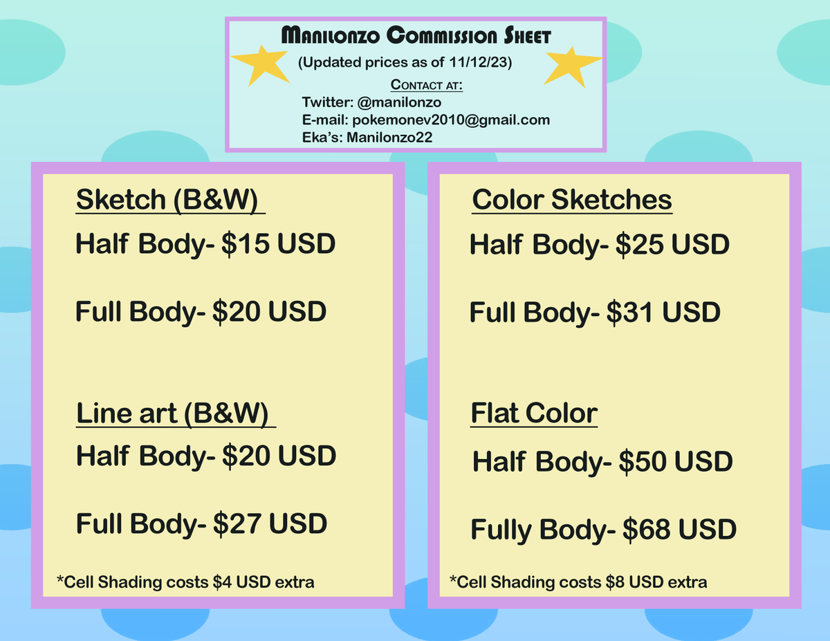 manilonzo's tweet photo. [CW: Vore]

It's that tiiiime!  I have a new fresh Comm Sheet! Contact me for a slot as there is only 3 this time around! You must be 18+ years old to commission me. Hope you find the price changes fair, and the new items interesting. I look forward to drawing your kinky ideas! https://t.co/km6X8clLLG