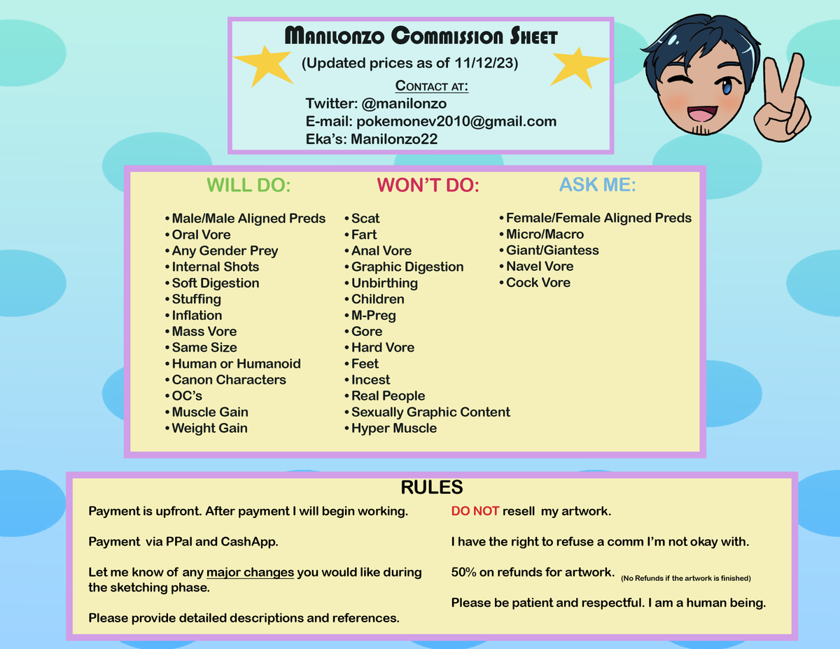 manilonzo's tweet photo. [CW: Vore]

It's that tiiiime!  I have a new fresh Comm Sheet! Contact me for a slot as there is only 3 this time around! You must be 18+ years old to commission me. Hope you find the price changes fair, and the new items interesting. I look forward to drawing your kinky ideas! https://t.co/km6X8clLLG