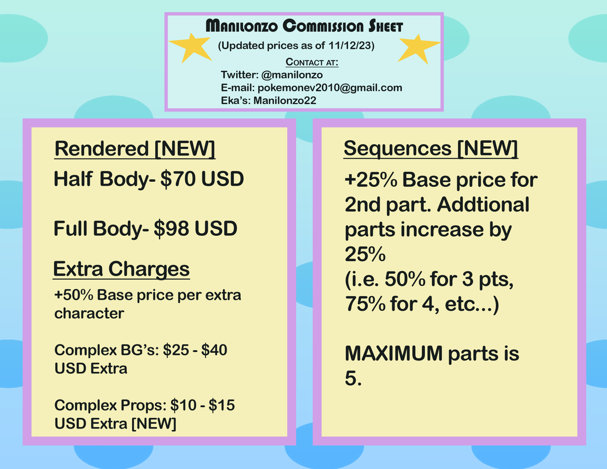 manilonzo's tweet photo. [CW: Vore]

It's that tiiiime!  I have a new fresh Comm Sheet! Contact me for a slot as there is only 3 this time around! You must be 18+ years old to commission me. Hope you find the price changes fair, and the new items interesting. I look forward to drawing your kinky ideas! https://t.co/km6X8clLLG