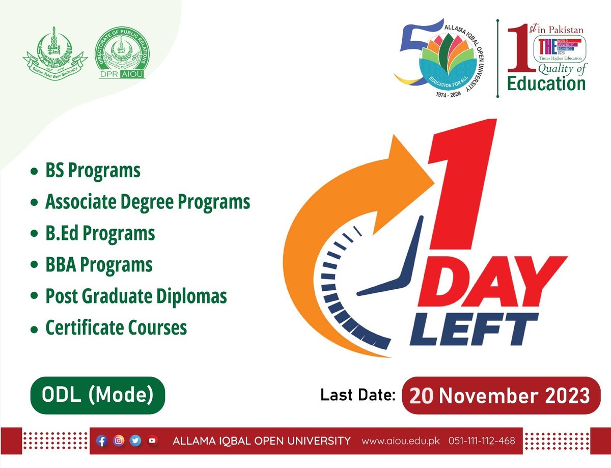 *1 Day Left*

𝐀𝐩𝐩𝐥𝐲 𝐧𝐨𝐰 𝐚𝐭:
aiou.edu.pk/oas-fresh-admi…
#admissions #admissionsopen #autumn2023 #autumn #AIOU #AIOUNews #educationForAll #DistanceLearning #educationatDoorstep #BS #BA #BED #ODL #aiouactivities #aioustudents #qualityeducation #QualityOfEducation