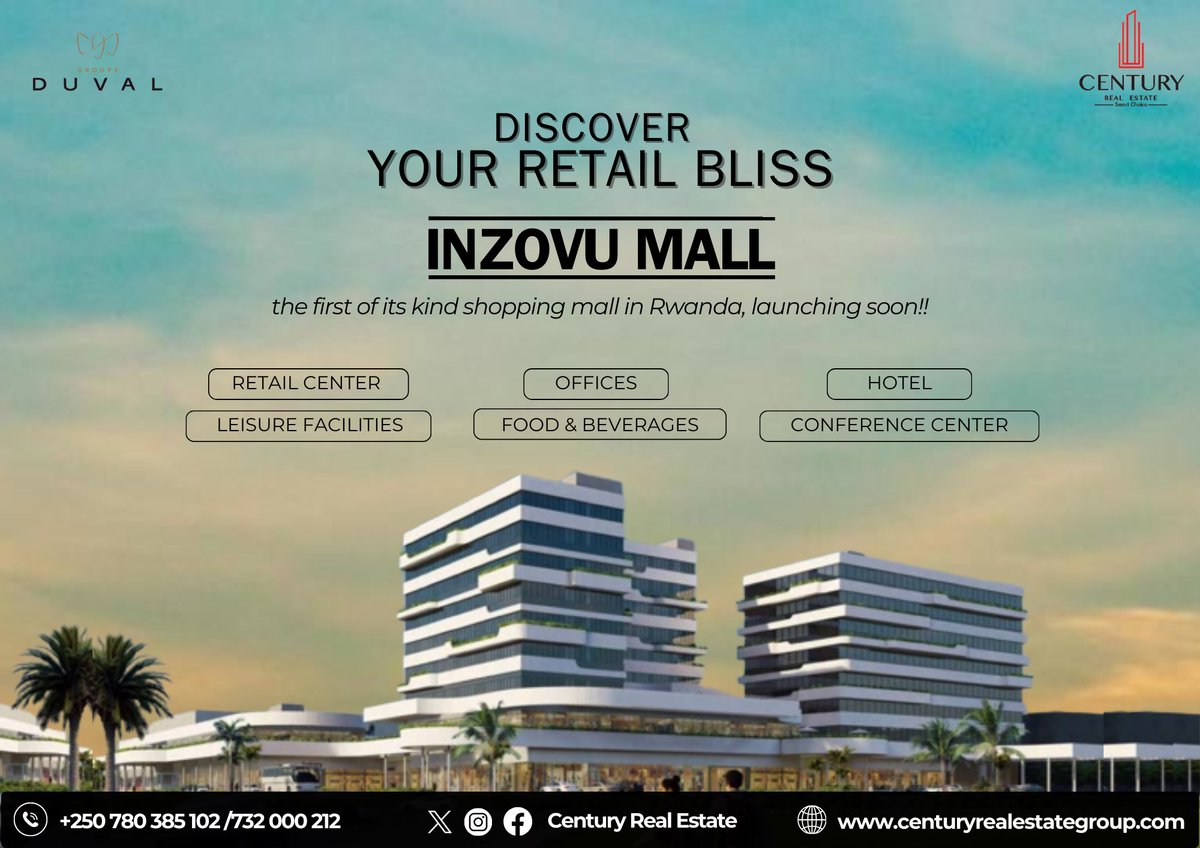 Launching Soon!!!  Inzovu Mall – Your Ultimate Shopping Haven! 🛍️ Get ready to experience retail bliss. Express your interest now and be part of the excitement! #InzovuMall #RetailRevolution 

For more information

(+250) 784502951/732000212