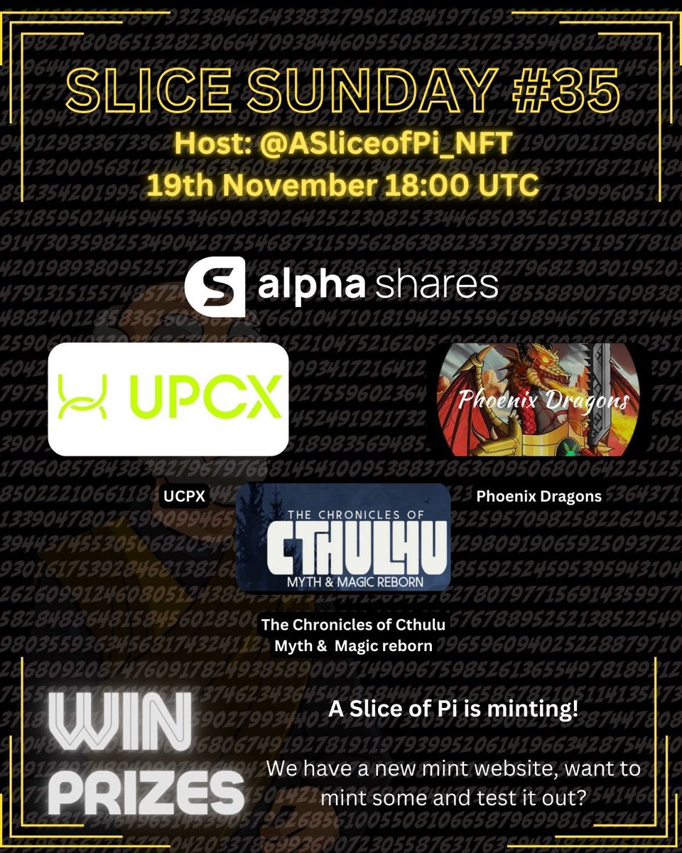 🔥 Space is starting in T-2 hours 🔥

Projects participating:
<a href="/AlphaShares/">Alpha Shares</a> 
<a href="/PhoenixDragons2/">Phoenix Dragons</a> 
<a href="/ChronOfCthulhu/">The Chronicles of Cthulhu || Coming Soon 🐙</a> 
<a href="/Upcxofficial/">UPCX® Official</a> 

x.com/i/spaces/1OwGW…