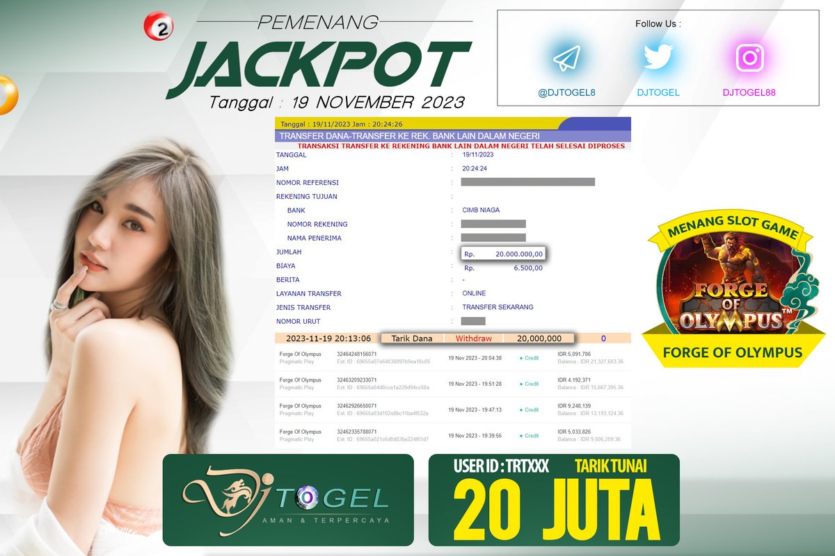 DjTogel's tweet photo. SELAMAT BOSSQUE !!!    

Kami Ucapkan Selamat Kepada Member Setia kami dengan User Id: TRTxxx Karena telah Mendapatkan Jackpot Sebesar 20 Juta Pada Permainan FORGE OF OLYMPUS Tanggal 19 November 2023    

Ayo Ikuti kami untuk mendapatkan informasi menarik lebih lanjut! https://t.co/B4IoI9ejoz