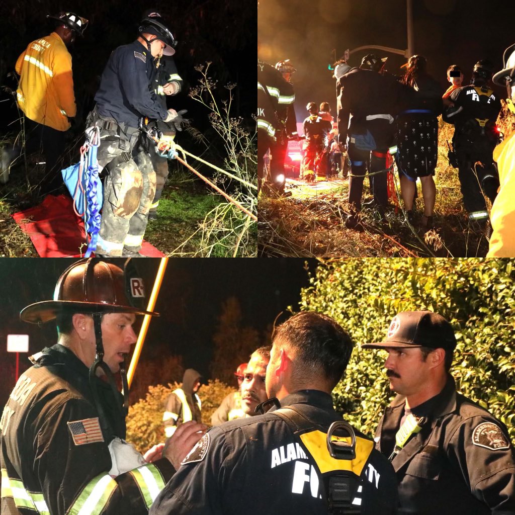 AlamedaCoFire's tweet photo. On Nov. 18, 2023, the Alameda County Fire Department responded to a single-car crash on eastbound 580 and Grove Way exit. 

The vehicle landed inside the creek bed.  ACFD crew members assisted seven passengers to safety up a steep hill.
#ALCOFIRE #ALCOfirefighters
#Sumodog/ACFD https://t.co/lsCwKGBFDV