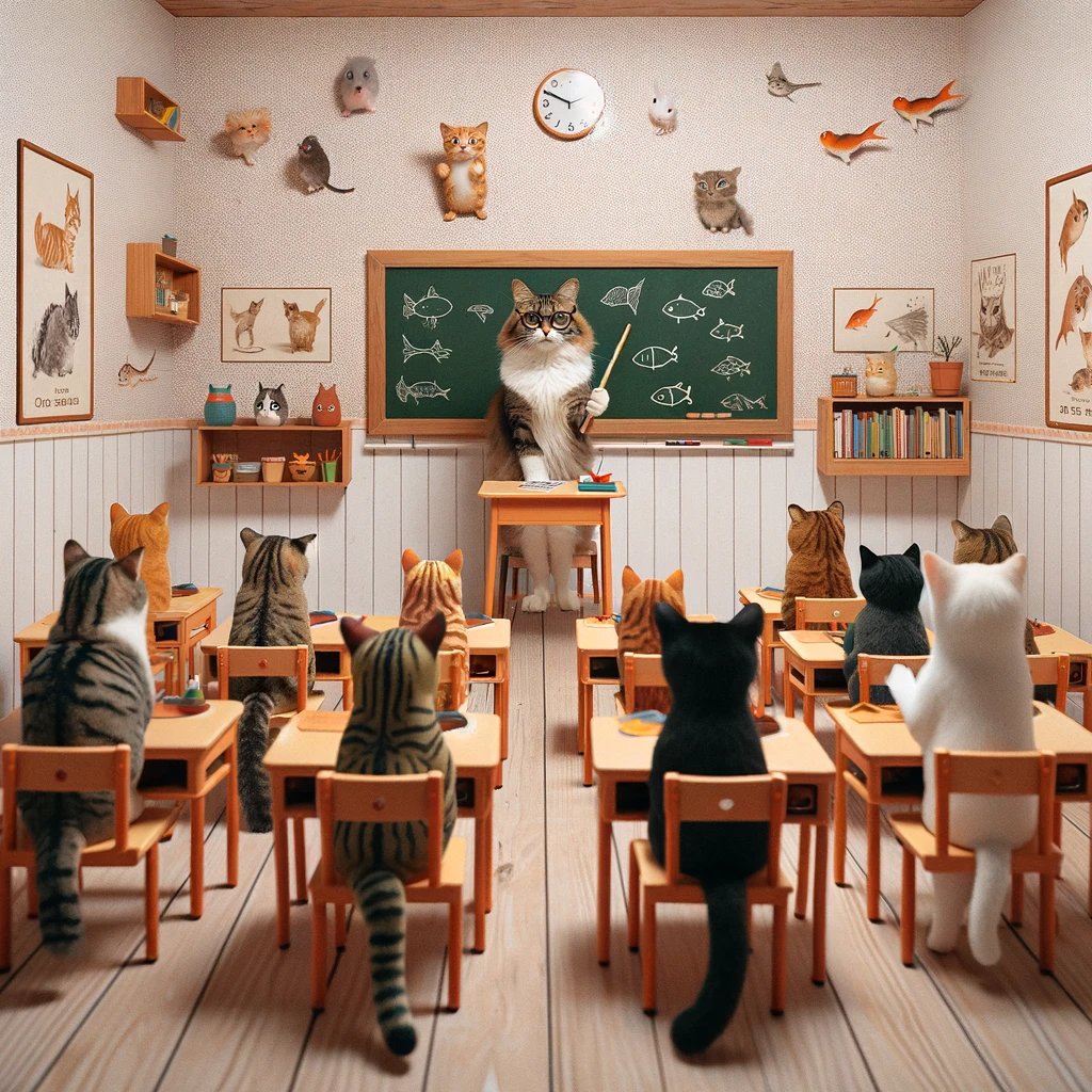 Cat School 🐱🍎 
.
#CatEducation #FelineAcademy #MeowLearning #KittyClassroom #EducationGoals #WhiskerWisdom #CatsOfTwitter #FurryScholars #PawssibleDreams #TailsOfEducation #FelineFriday #AIart