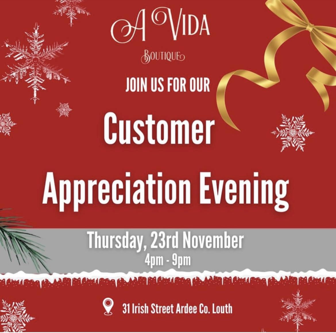 Save the Date Ladies✨

Join us on Thurs 23rd Nov for our Annual Customer Appreciation Eve from 4pm- 9pm. 

 <a href="/MacStylist/">Caroline McElroy</a> will join us to give lots of styling advice!

Don’t miss out on the festive fun &amp; fabulous offers waiting for you ✨

#louthchat