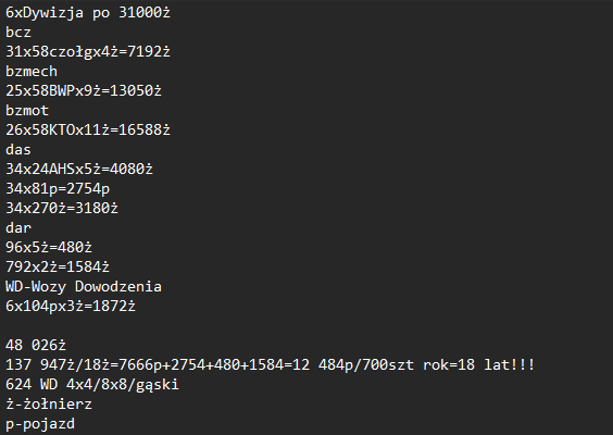 <a href="/goltarr/">Tomasz Dmitruk</a> <a href="/CislakJaroslaw/">Jaroslaw Cislak</a> Dorzucam moje 3 grosze do świetnej roboty, czyli próba policzenia ile Jelczy nam trzeba na 6 Dywizji, od razu uprzedzam liczyłem na SZTUKĘ, czyli każda Dyw=31000żoł, liczby danego typu SpW dał <a href="/goltarr/">Tomasz Dmitruk</a> i od 186 000żoł odjąłem to co jedzie na "lufach", podzieliłem przez 18(16+2)⤵️