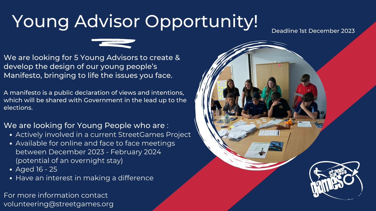 Our partners <a href="/StreetGames/">StreetGames</a> are on the l👀k out for 5️⃣ Young People to help shape the charities young people's manifesto, helping to bring to life the issues that you face. 

More ℹ️in the flyer 👇

🔗to application: forms.office.com/e/7aj6uurPke