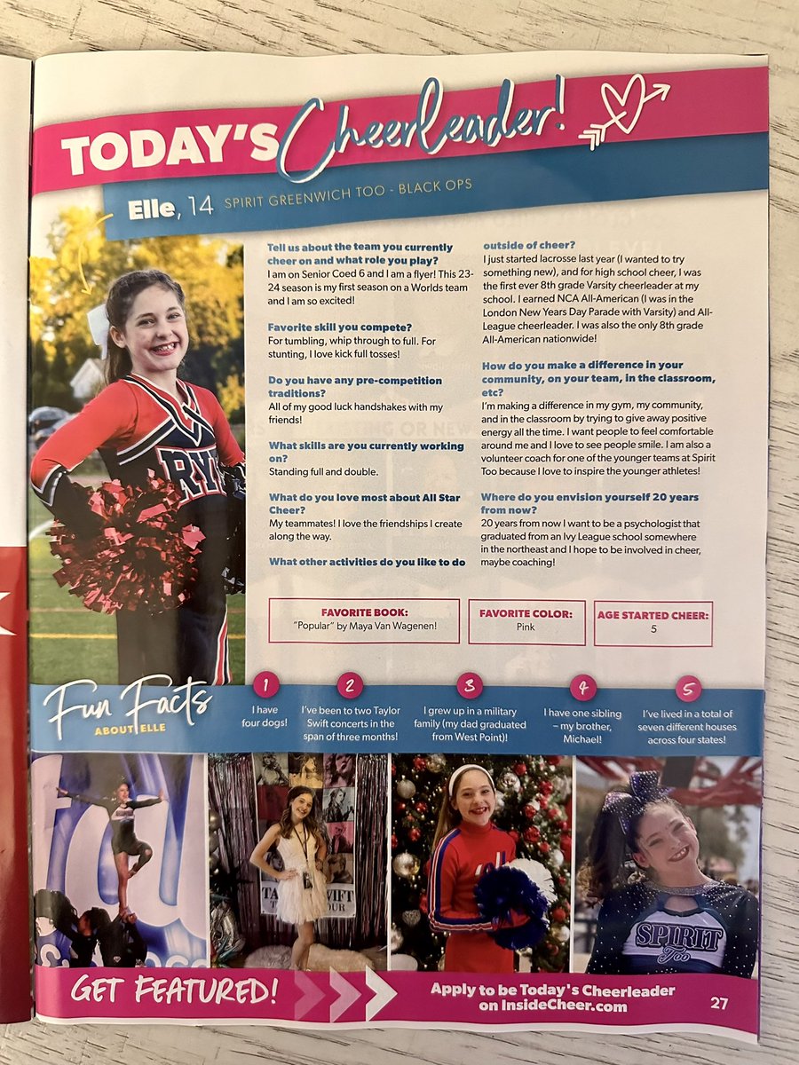 Looks who’s featured in the #1 Cheer magazine… Rye’s very own freshman Elle ❤️🖤 @RyeAthletics @RyeCitySchools