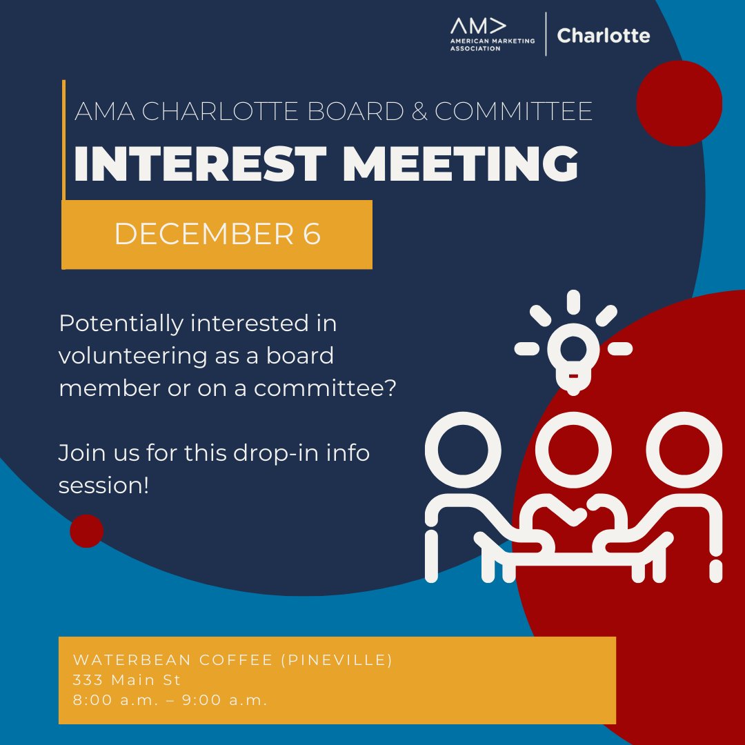 charlotteama's tweet photo. If you're looking to volunteer, get more involved, or find a new hobby in the new year, we have the opportunity for you! 

AMA Charlotte is looking for new board members and committee participants. Grab a coffee and hear more about these opportunities December 6. https://t.co/cu2IUJut79