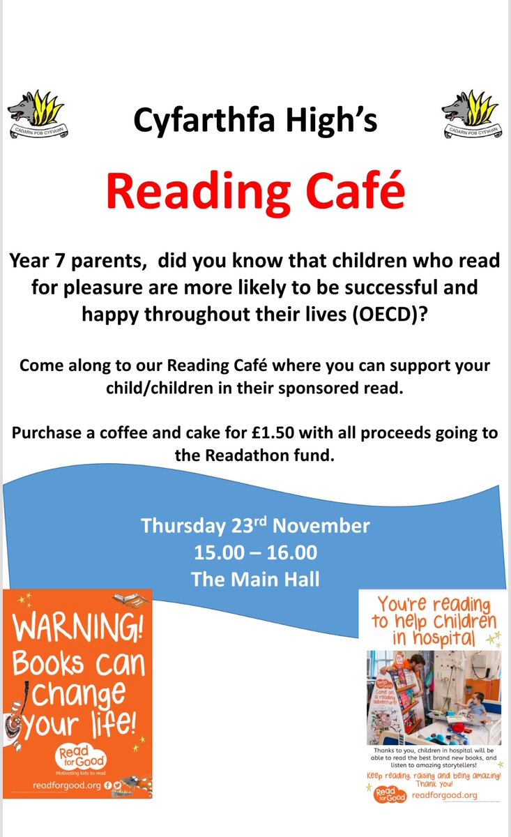 As part of our Year 7 readathon we will be hosting a Reading Cafe on Thursday 23rd November 3-4pm in the main hall. We'd love for parents, carers, brothers, sisters, grandparents to come along and support reading with their young person. We can't wait to see you
#CyfarthfaFamily
