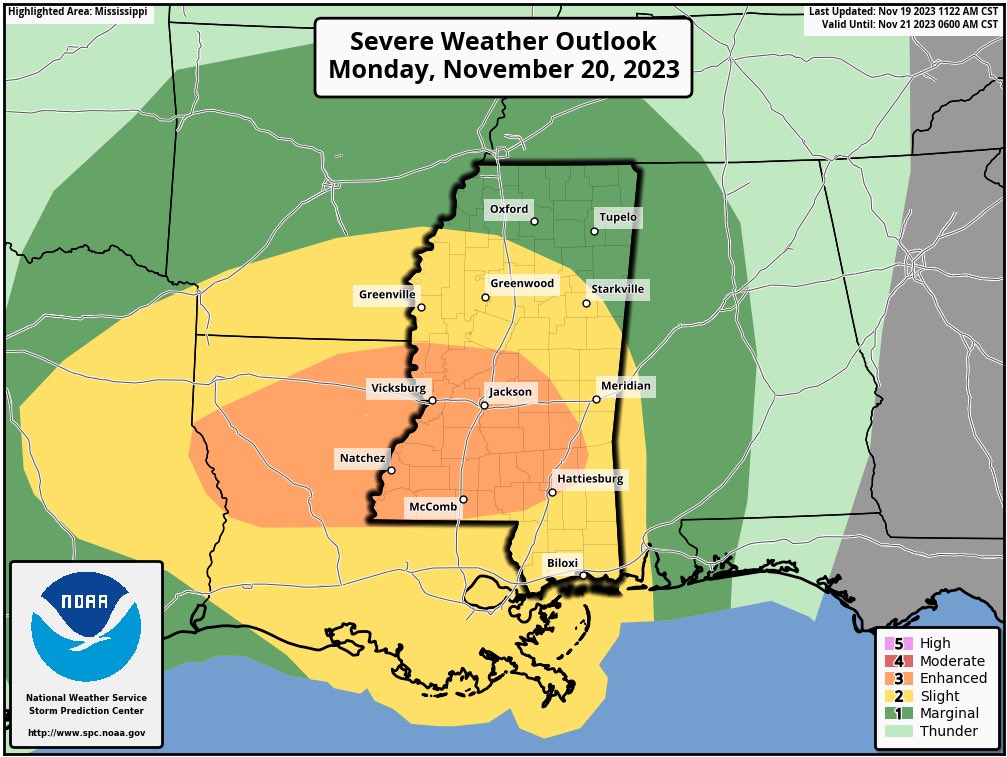 ⚠️First Alert Weather Day Monday An ‘Enhanced 3/5 Risk’ is now in place for most of central MS for the threat of severe weather late Monday. Threats will include damaging wind gusts, tornadoes, & hail. Continue to stay weather aware & have a way to receive weather alerts! #mswx