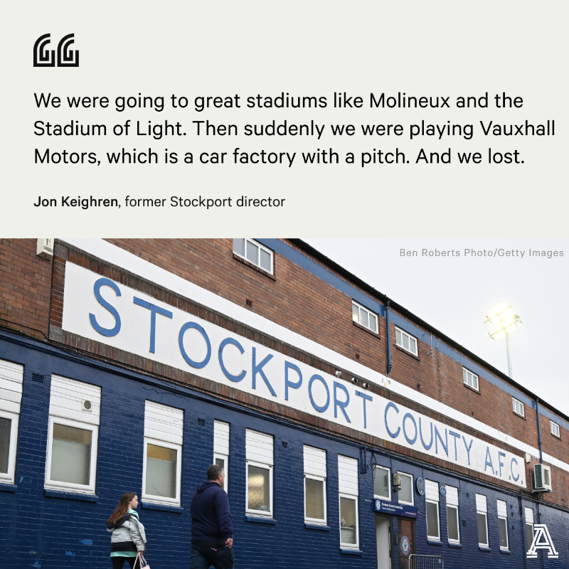 TheAthleticFC's tweet photo. In 1999, Stockport were in a higher league than Manchester City.

In 2013, they were part-time in the sixth tier.

Now - after 12 wins in a row - they're on their way back.

@DTathletic had access all areas - from dressing room to boardroom - to reveal how they did it.