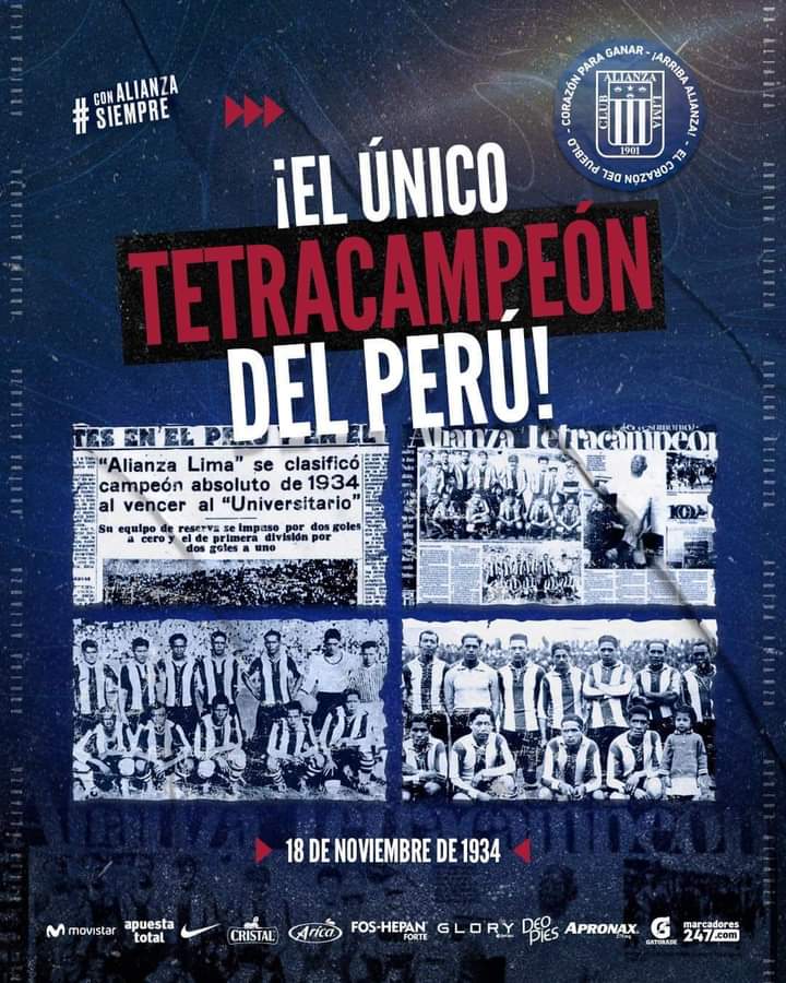 CodBlanquiazul's tweet image. ¡𝐀𝐋𝐈𝐀𝐍𝐙𝐀 𝐋𝐈𝐌𝐀, 𝐄𝐋 𝐔́𝐍𝐈𝐂𝐎 𝐓𝐄𝐓𝐑𝐀𝐂𝐀𝐌𝐏𝐄𝐎́𝐍 𝐃𝐄𝐋 𝐅𝐔́𝐓𝐁𝐎𝐋 𝐏𝐄𝐑𝐔𝐀𝐍𝐎! 

El 18 de noviembre de 1934 nos consagramos campeones del torneo al vencer a 𝗨𝗻𝗶𝘃𝗲𝗿𝘀𝗶𝘁𝗮𝗿𝗶𝗼 por 2-1 en la fecha final, siendo nuestro cuarto título consecutivo.