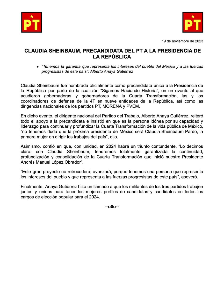 Alberto Anaya Gtz (@albertoanayagt) on Twitter photo El Partido del Trabajo nombró a la Dra.
<a href="/Claudiashein/">Claudia Sheinbaum Pardo</a> como precandidata única a la Presidencia de la República.
No tenemos duda que será la primera mujer en dirigir los trabajos del país para continuar, profundizar y consolidar la Cuarta Transformación. 🇲🇽 El Partido del Trabajo nombró a la Dra.
<a href="/Claudiashein/">Claudia Sheinbaum Pardo</a> como precandidata única a la Presidencia de la República.
No tenemos duda que será la primera mujer en dirigir los trabajos del país para continuar, profundizar y consolidar la Cuarta Transformación. 🇲🇽