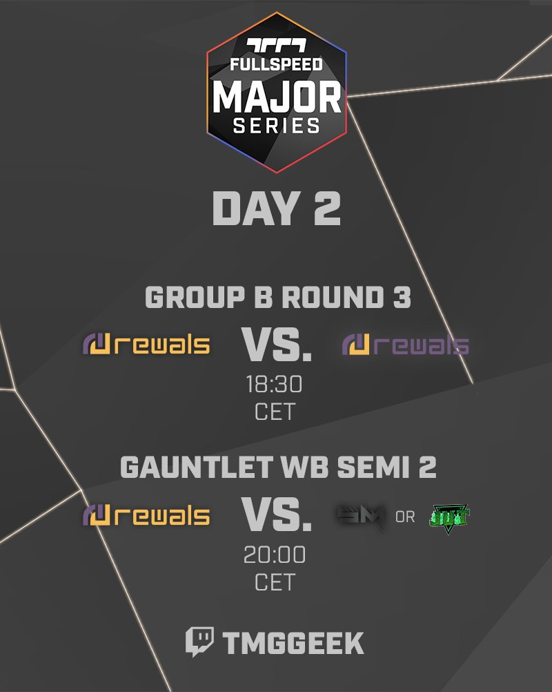 TMGGeek's tweet image. The stream is LIVE for Day 2 of @FSMajorSeries action !

First up : the two @team_reWals lineups collide !

Afterwards, rW gold will face either @SpeedManiaTM or JUT in the Gauntlet&apos;s 2nd Winner Bracket Semi Final !

ttv/TMGGeek (clickable link in bio)

#TOTHELINE #FSISALIVE