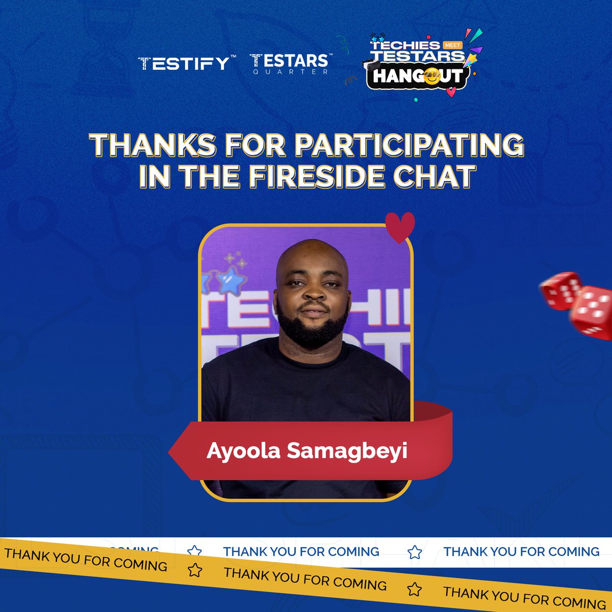 Testify_org's tweet image. Big thank you to Eniola Samagbeyi for taking out time to have a fireside chat at Techies meet Testars. The insights you shared were incredibly valuable to attendees