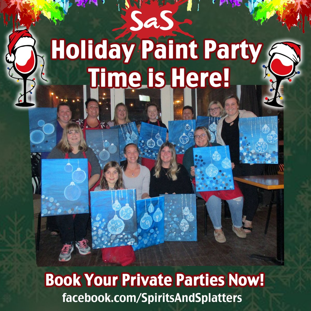 saspainting's tweet photo. YES! Holiday Paint Party Time IS HERE! We are booking times now and space is very limited! 
Contact us today!
Spirits and Splatters ~ The Art of Drinking Creatively!
Facebook: https://t.co/of6R0xjAbJ
Email: spiritsandsplatters@gmail.com
Office :705-932-5044
Cell:705-931-5569 https://t.co/Ar4wuzOTMq