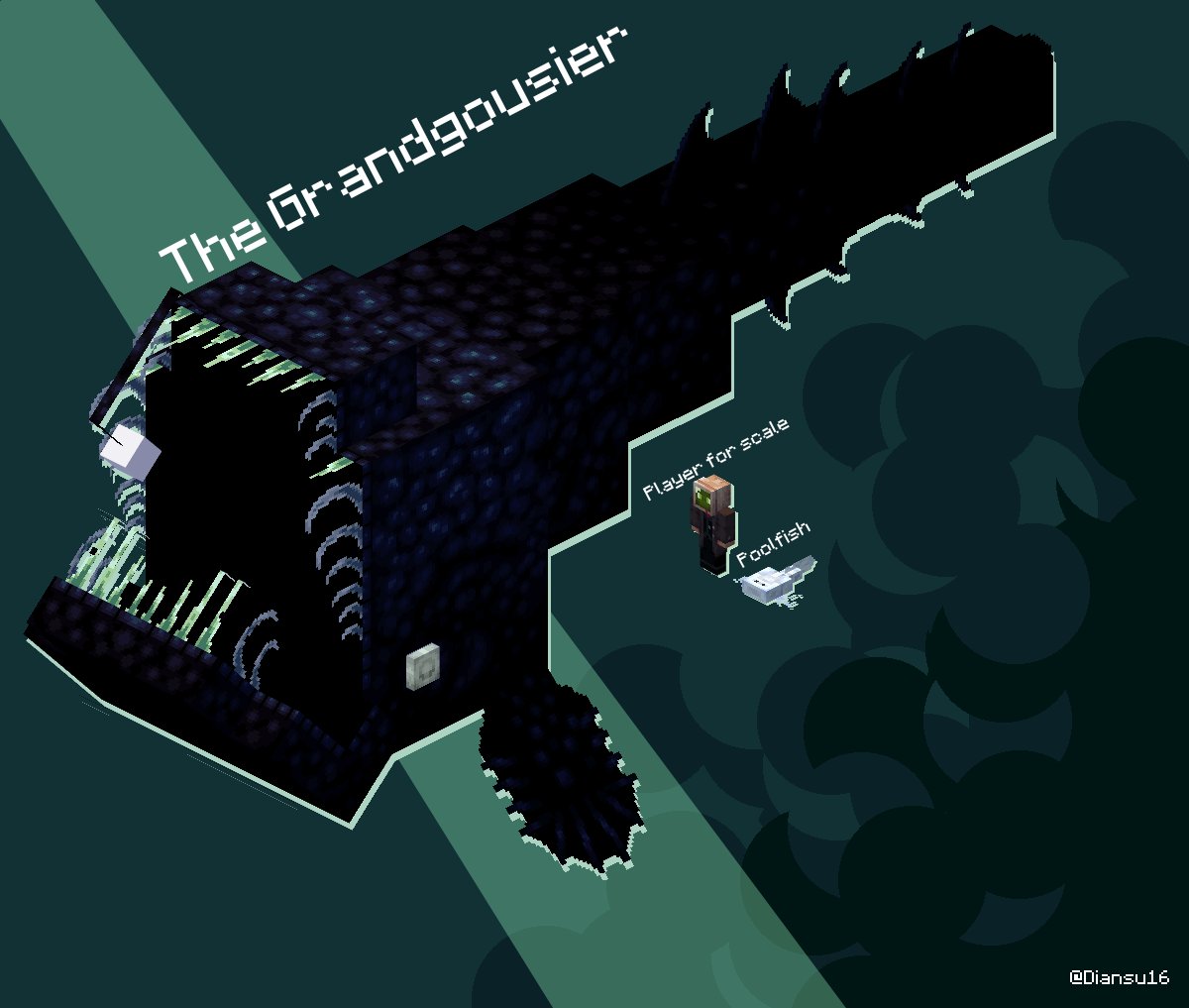 The Grandgousier! My largest model, it is a terrifying giant anglerfish featured in <a href="/doctor4t_/">RAT 🐀</a>  's latest video, it's diet? Poolfish, Noxintrus, Blake, Talon, and you if you're not careful enough.

Poolfish for reference

#Blockbench #Minecraft #Pixelart