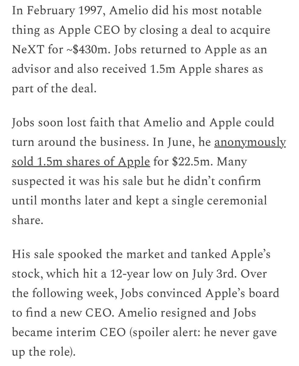 TrungTPhan's tweet photo. Steve Jobs 4D chess’d his way back to Apple CEO: in June 1997, he sold 1.5m shares of Apple. The stock tanks. The board freaks out. Jobs convinces them to get rid of the CEO. He takes over. https://t.co/d0a9mhNbGJ