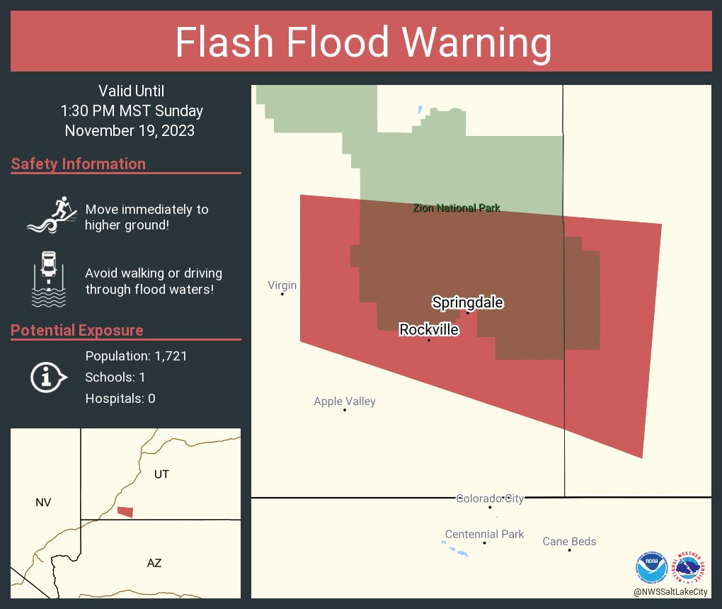 Flash Flood Warning continues for Springdale UT and  Rockville UT until 1:30 PM MST