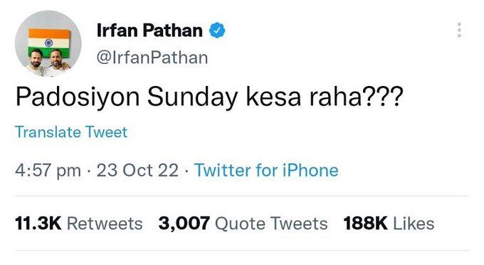 baparacha's tweet photo. Haan bhai padosiyon tumhara sunday kesa raha? #AskHMH #INDvAUS @IrfanPathan https://t.co/usUYLQ6K60