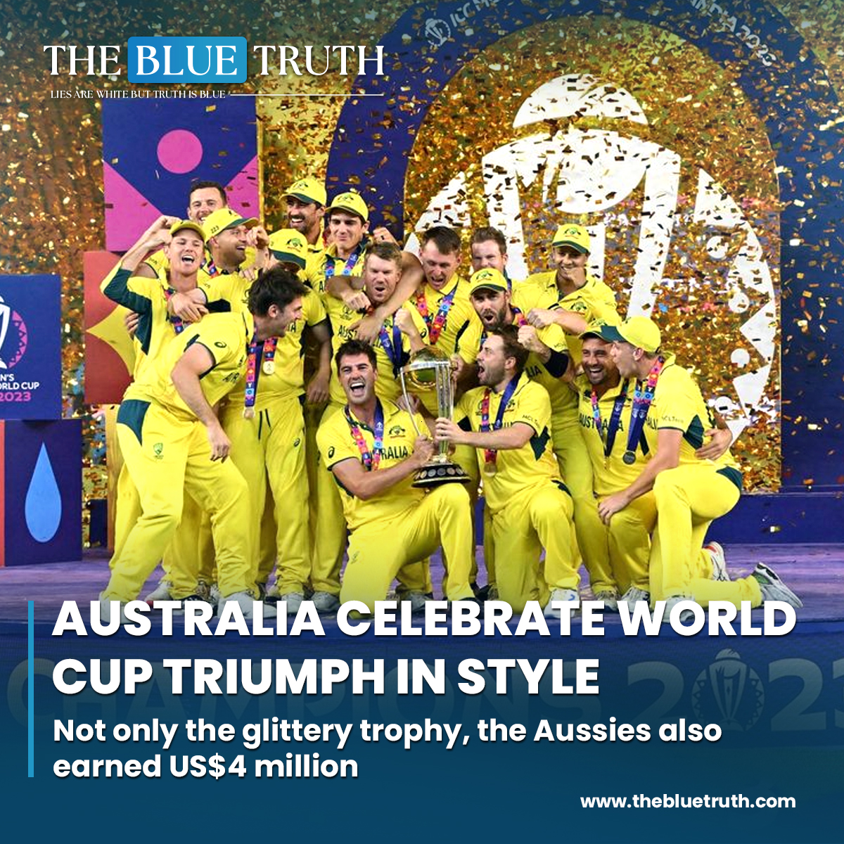 Australia celebrate World Cup triumph in style
Not only the glittery trophy, the Aussies also earned US$4 million

 #INDvsAUS #ViratKohli #WorldCupFinal #ICCWorldCup2023 #AussiePride #WorldCupChamps #CricketGlory #TBT #TheBlueTruth